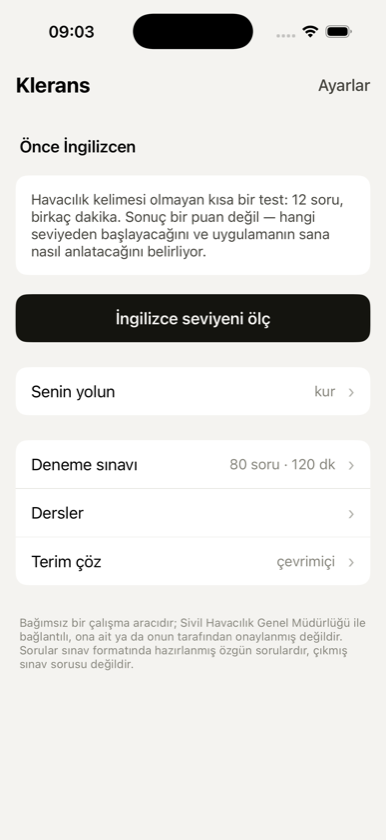 İlk açılış ekranı: havacılık kelimesi olmayan kısa İngilizce testi öneriliyor.