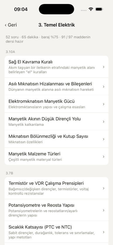 Modül konuları ekranı: konu kodlarına göre gruplanmış ders listesi ve kaç maddenin dersinin hazır olduğu.