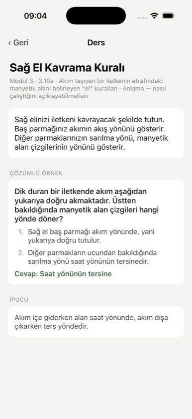 Modül dersi ekranı: kural, numaralı adımlarla çözülmüş örnek ve ipucu.