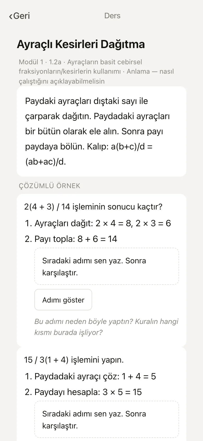 Modül dersi: kural, adım adım çözülmüş örnek ve sıradaki adımı senin yazdığın kutu.