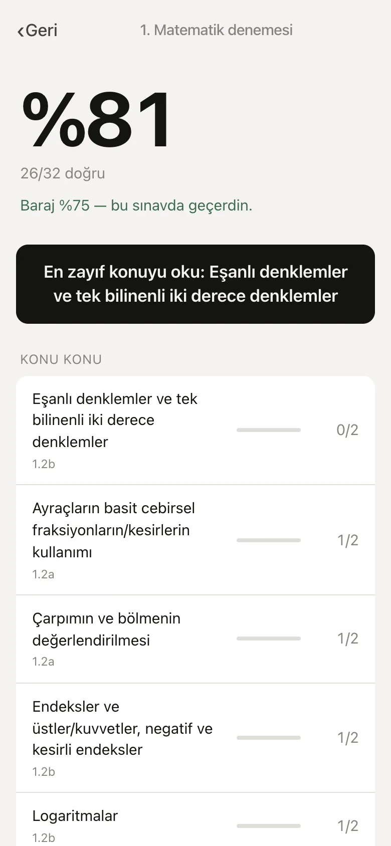 Modül denemesi sonucu: yüzde, baraj, en zayıf konuya giden düğme ve konu konu döküm.
